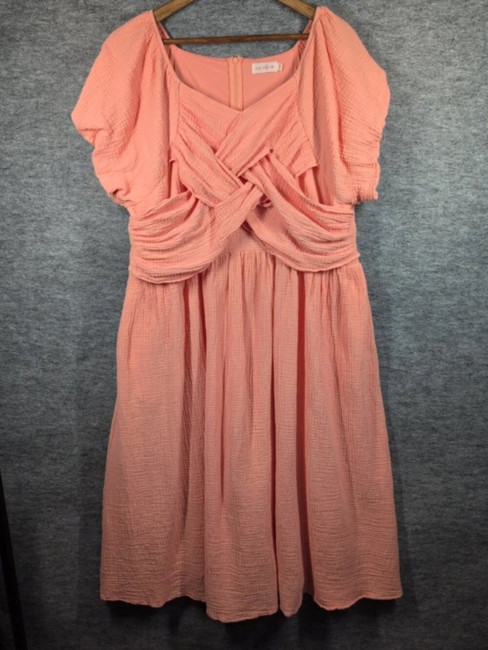 Ivy City Co Sawyer Plus 20W Dress Midi Peach Cotton Gauze Waffle Twist Front